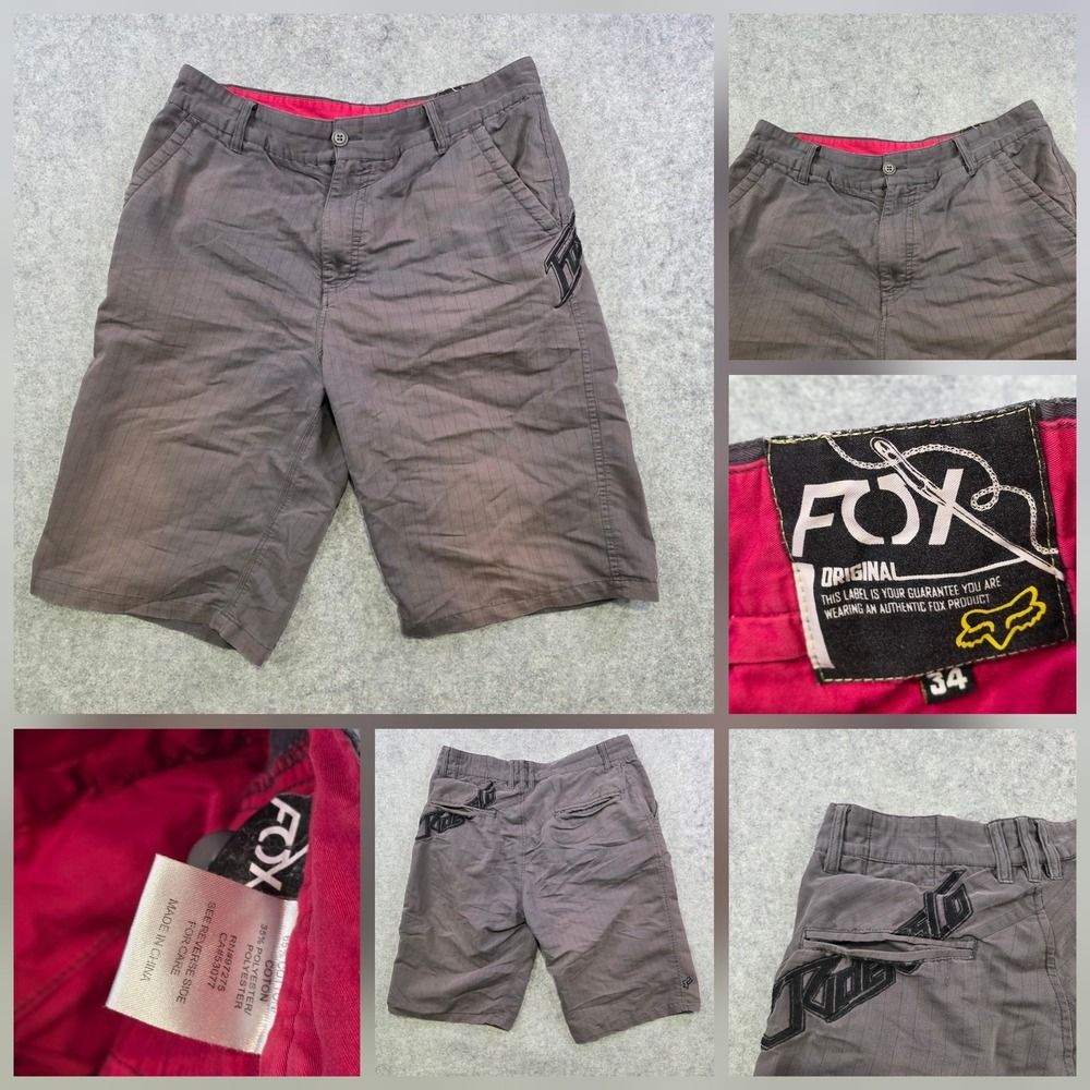 Fox Shorts Mens 34 Gray Striped Chino Casual Embroidered Logo Motocross MX